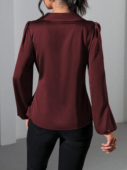 Long Sleeved Satin Lace up Cinched Blouse