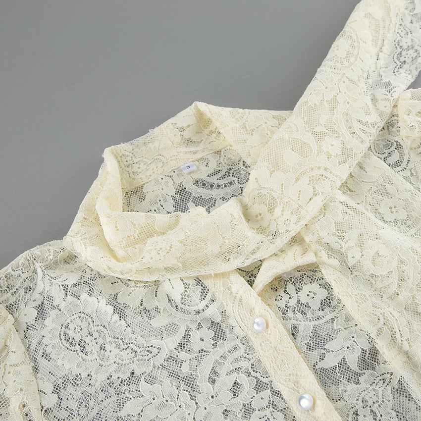 French Ribbon See through Cutout Blouse
