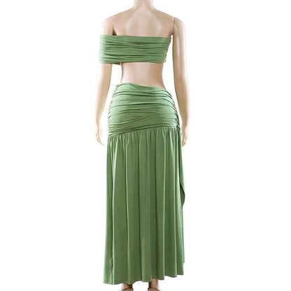 Spring Sexy Solid Color Tube Top Vest Slim Ribbon Pleated Skirt Sets