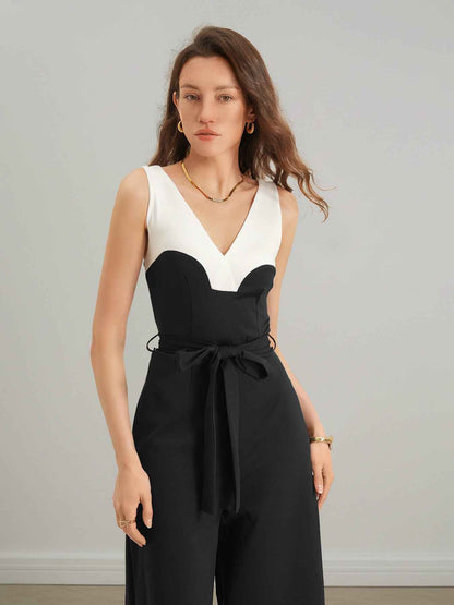 Elegant Black White Color Contrast Patchwork Sling Jumpsuit