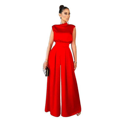 Solid Color Turtleneck Sleeveless Fitted Waist Jumpsuit No Belt