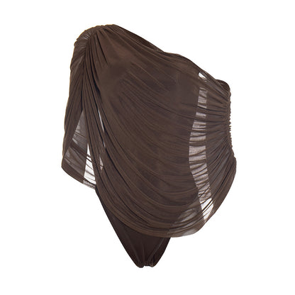 Pleated Sloping Shoulder Women's Elegant Bodysuit