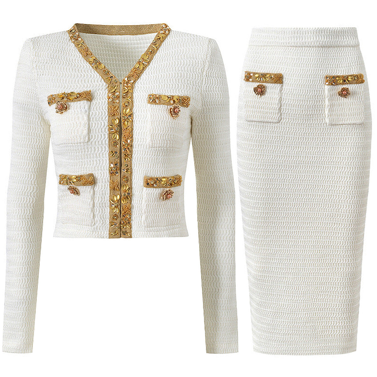 Women's Fashionable Knitted Sequin Bead Cardigan Sweater Set + Hip Skirt