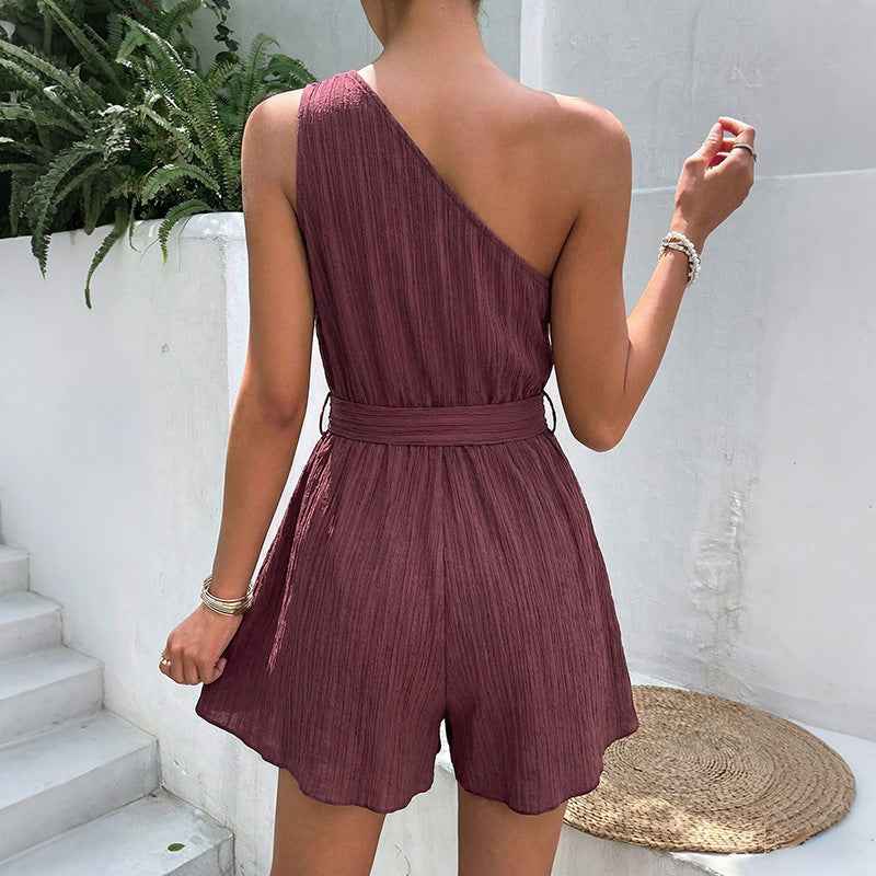 Solid Color One Shoulder Lace up Romper