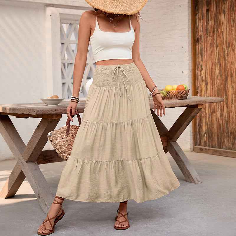 Boho Style Elastic Waistband Solid Color Wide Hem Skirt
