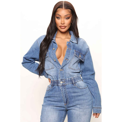 Women's Slim Elastic Band Washed Denim Jumpsuit