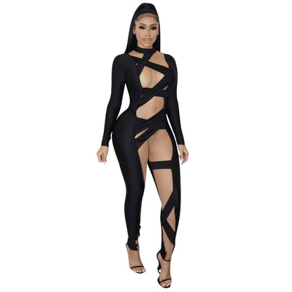 Mesh Bandage Stitched Long Sleeve Jumpsuit for Women