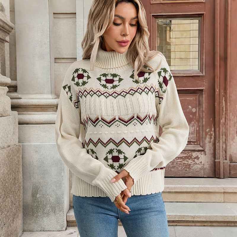 Ethnic Pattern Turtleneck Knitted Jacquard Pullover Sweater Women