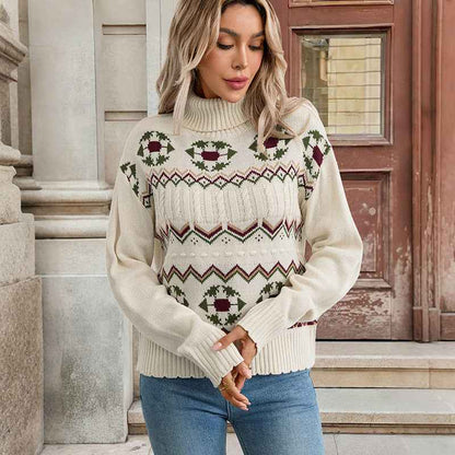 Ethnic Pattern Turtleneck Knitted Jacquard Pullover Sweater Women