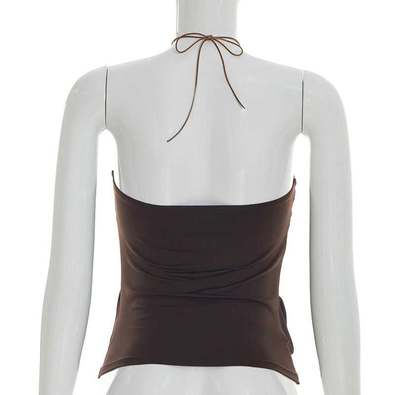Spring Solid Color Pleated Backless Halter Sling Top T-shirt for Women