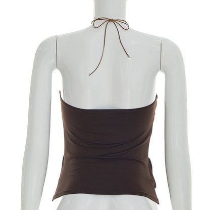 Spring Solid Color Pleated Backless Halter Sling Top T-shirt for Women