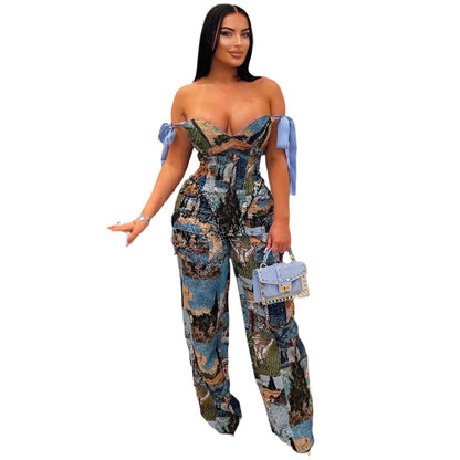 Women's Printed Romper Pattern Strap Drawstring Multi-pocket Bodysuit - Munsieur