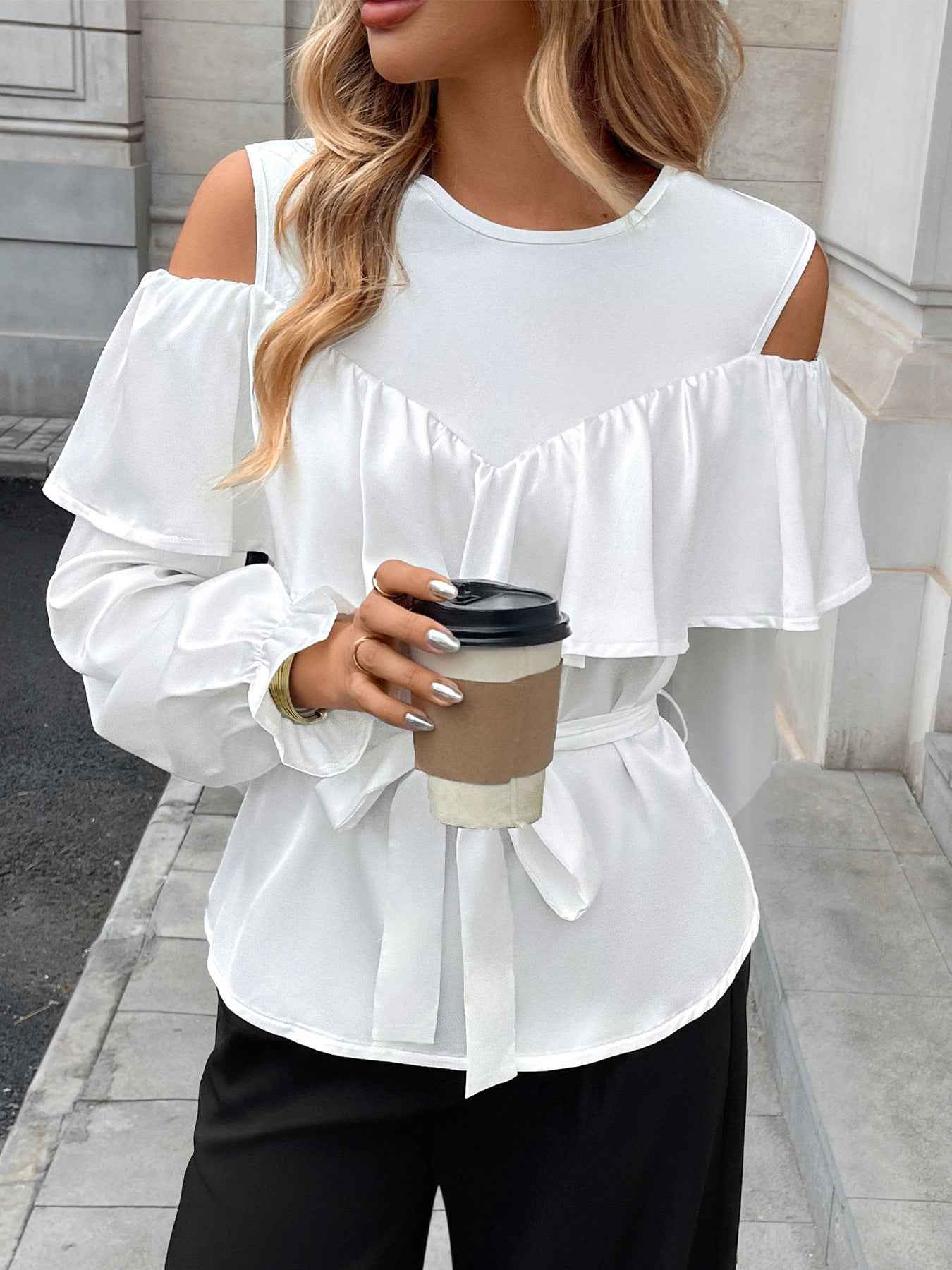 Elegant Long Sleeved Ruffled Off the Shoulder Lace Blouse