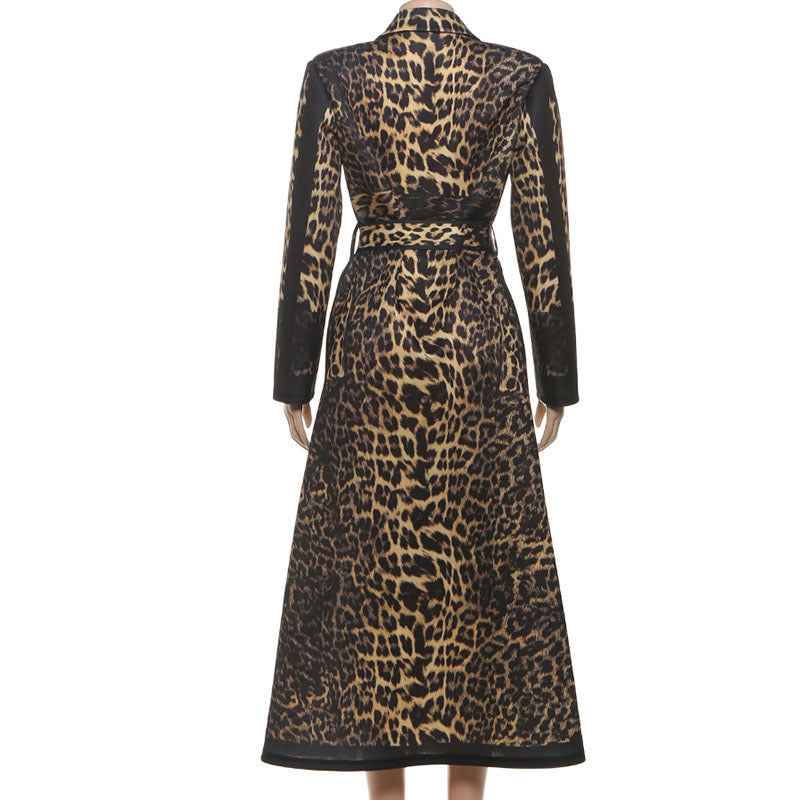 Leopard Pattern print Casual Bandage Trench Jacket