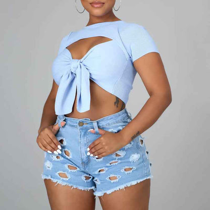 Solid Color Ripped High Waist Stretch Women's Bottoms