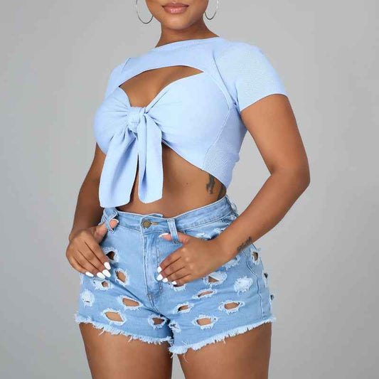 Solid Color Ripped High Waist Stretch Women's Bottoms