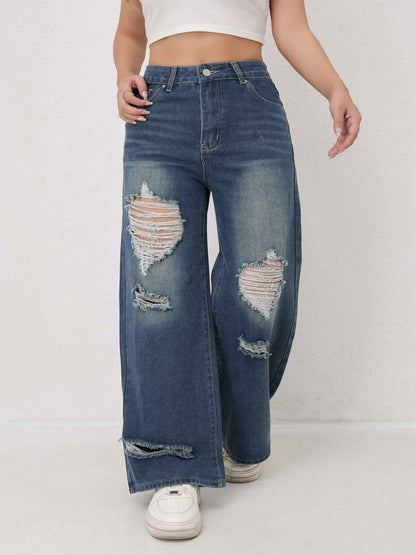 Distressed Worn Wide Leg Jeans