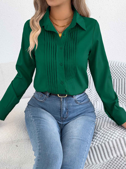 Elegant Pleated Solid Color Button Blouse