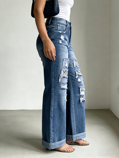 High Waist Jeans Leopard Patch Ripped Retro