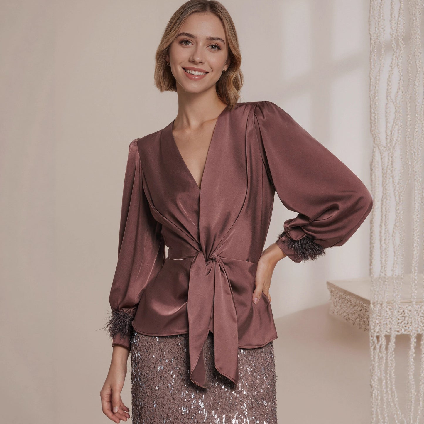 Satin Slim Fit Drawstring Blouse