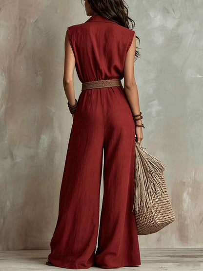 Women's Linen Summer Casual Sleeveless Jumpsuit with Buckle