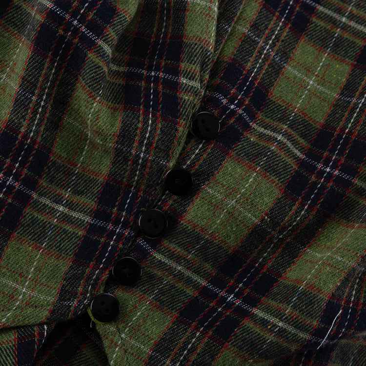 Retro Plaid Collared Long Sleeve Irregular Asymmetric Hem Cinched Blouse