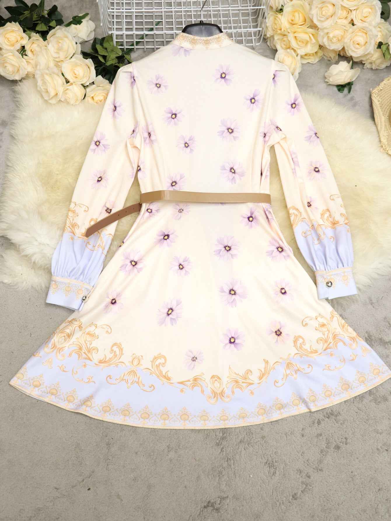 Retro Dress Stand Collar Puff Sleeve A line Dress MUNSIEUR New Arrivals