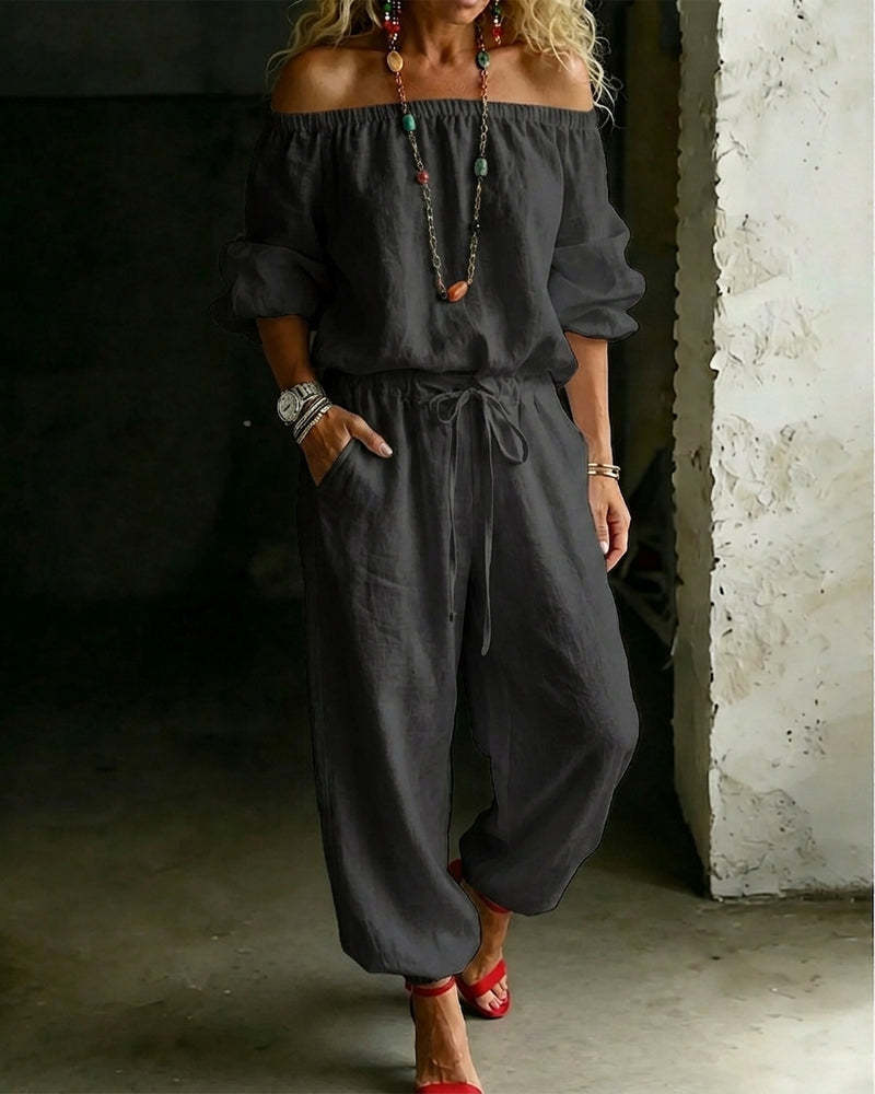 Summer Off Shoulder Top Casual Drawstring Jumpsuit for Women