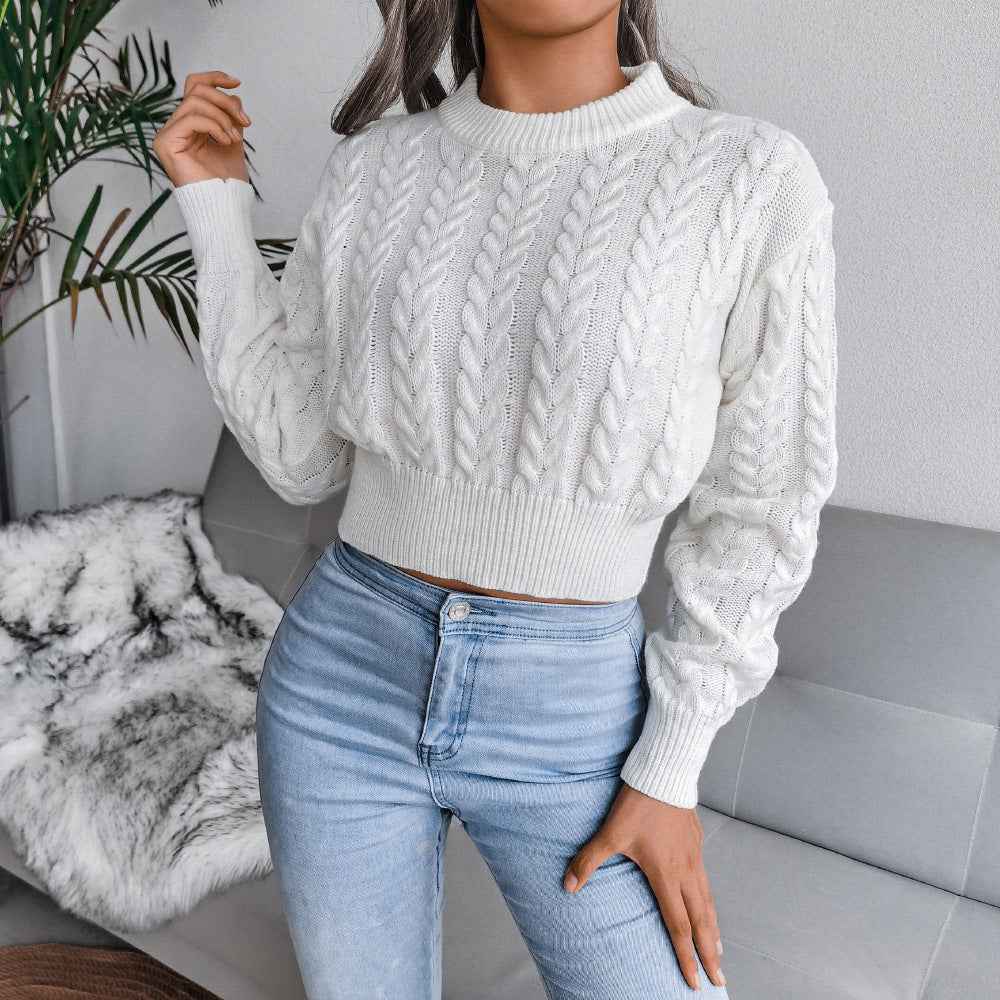 Waist Trimming Knitted Cropped Sweater