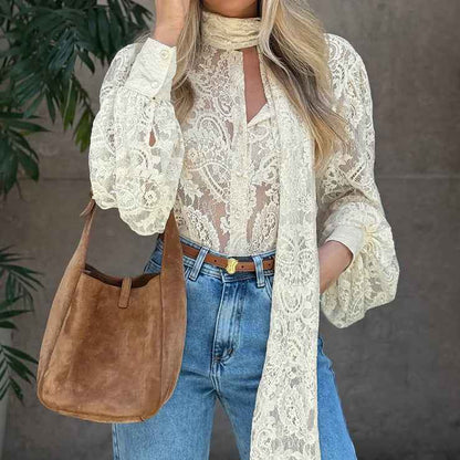 French Ribbon See through Cutout Blouse