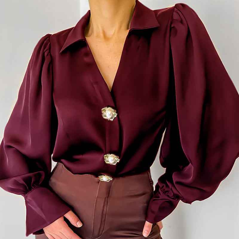 Lantern Sleeve Blouse Casual Loose Satin