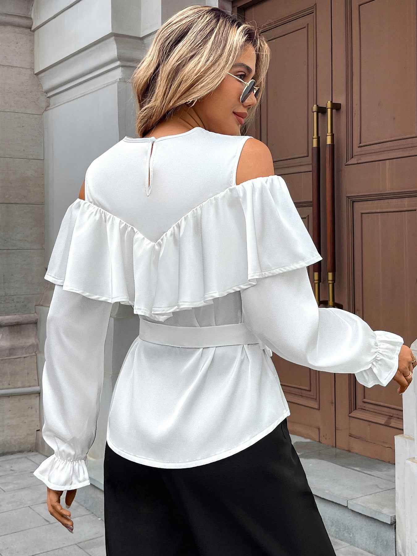 Elegant Long Sleeved Ruffled Off the Shoulder Lace Blouse