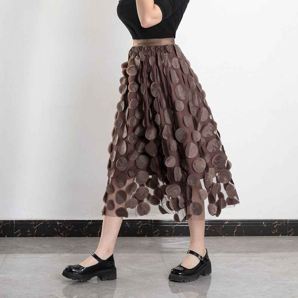 Three Dimensional Patch Stitching Mesh Women Midi Skirt
