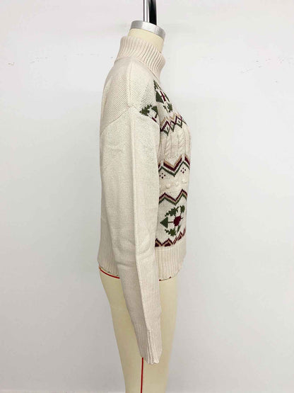 Ethnic Pattern Turtleneck Knitted Jacquard Pullover Sweater Women