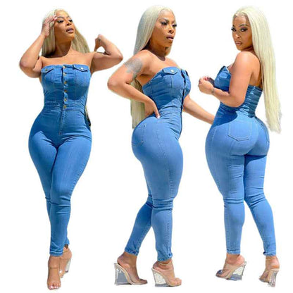 Casual Tube Top Slim Fit Denim Jumpsuit