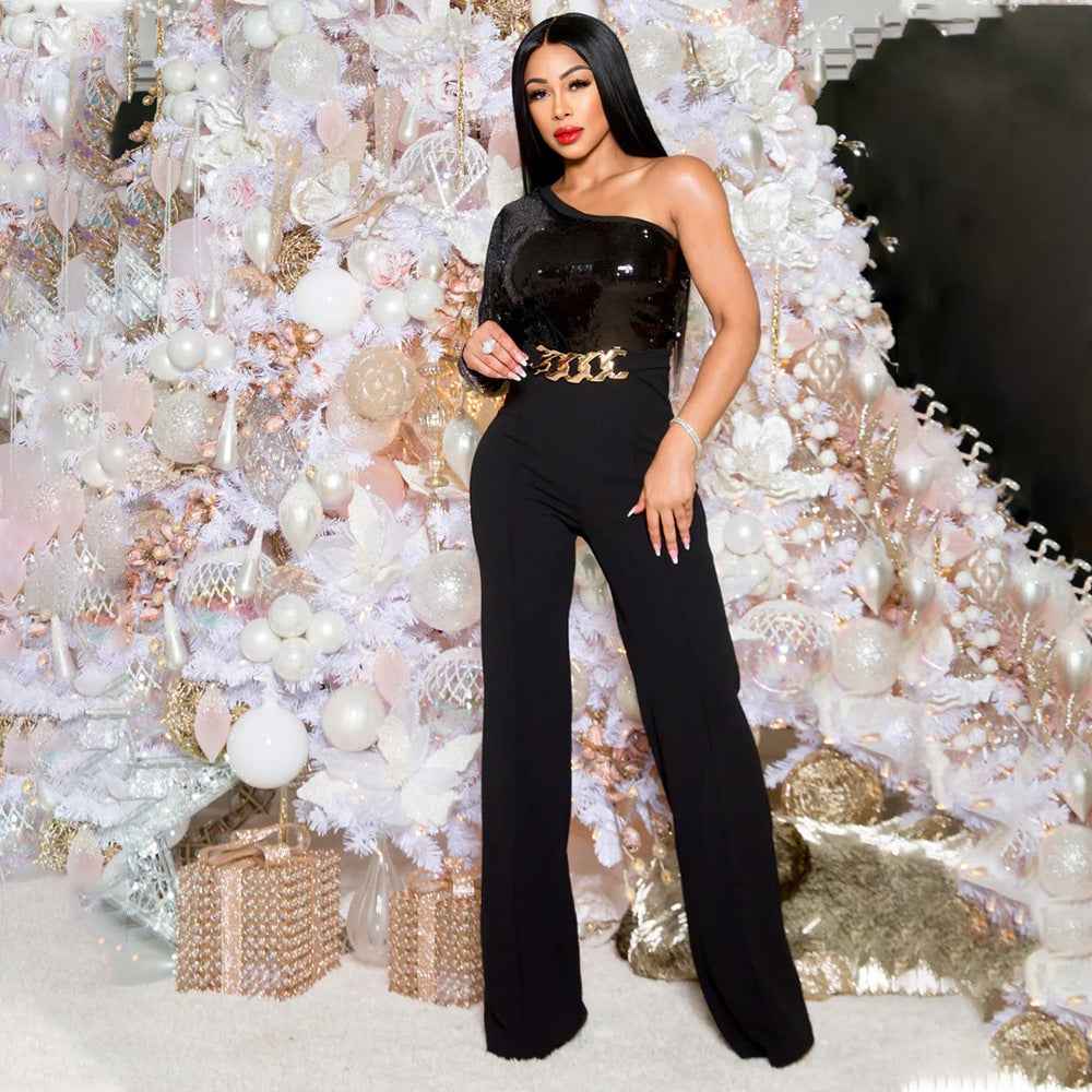 Shoulder Sleeve Sequin Stitching Jumpsuit