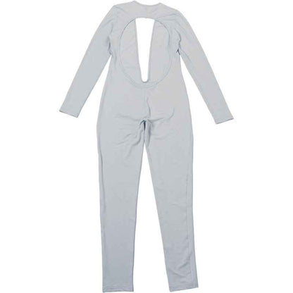 Backless Deep V Plunge Long Sleeve Solid Color Jumpsuit