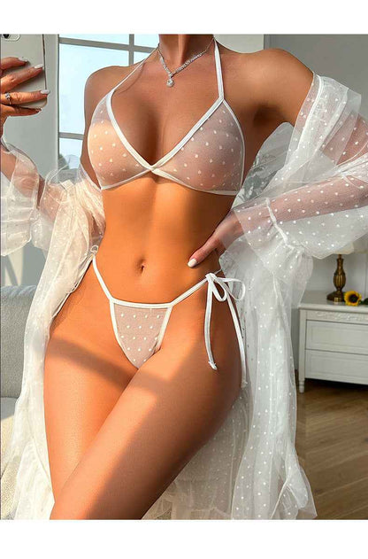 See through Nightgown Ruffled Lace up Sleepwear Set