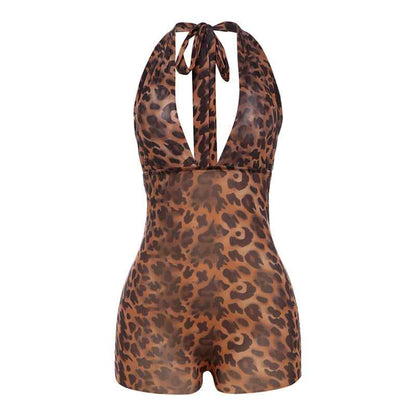 Summer Style Women's Sexy Deep V Plunge Backless Halter Butt Lifting Leopard Print Romper