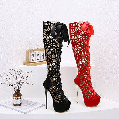 High-top Lace-up Peep Toe Hollow-out High Heels - Munsieur