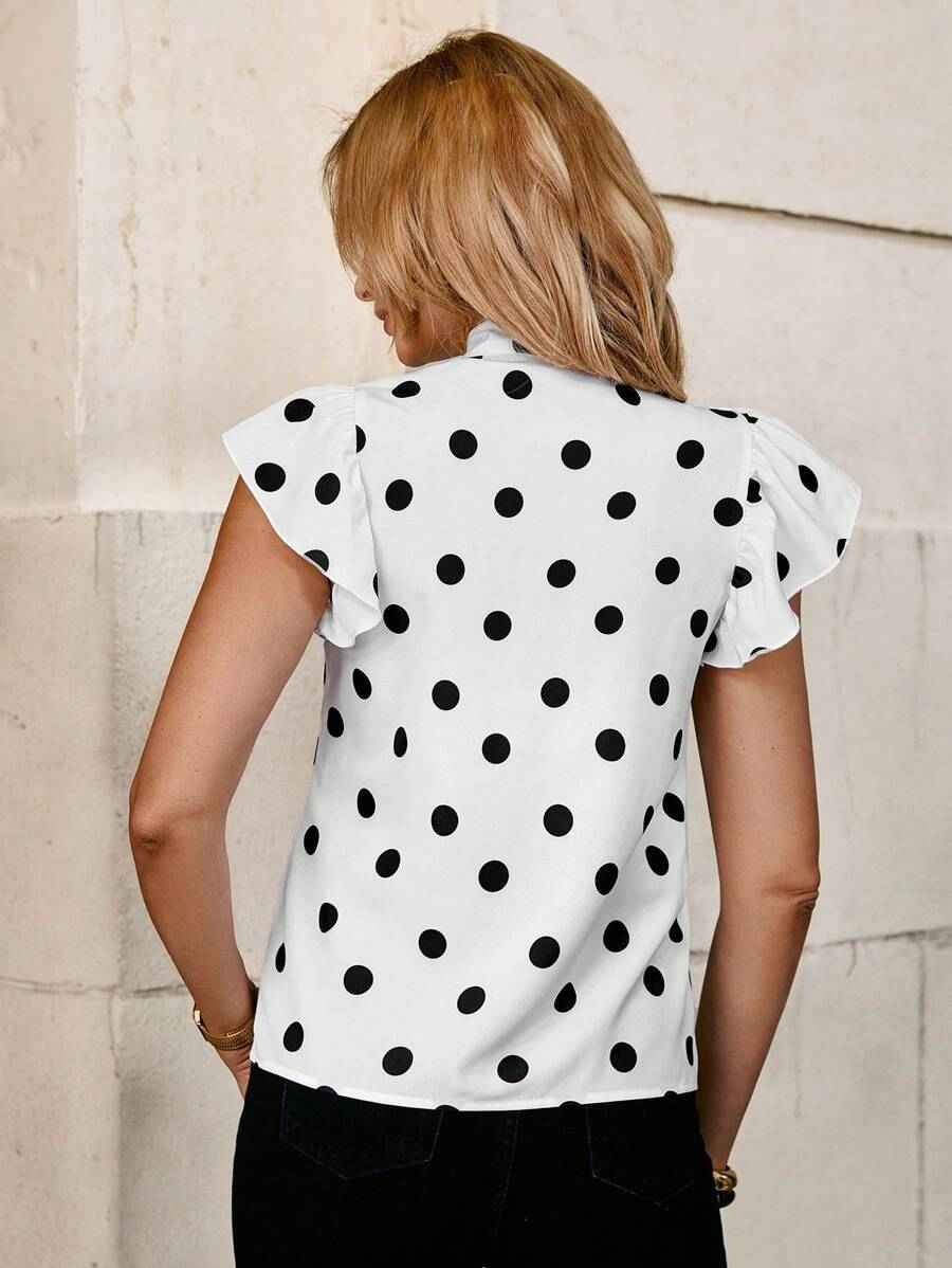Polka Dot Halter Lace up Ruffle Sleeve Blouse