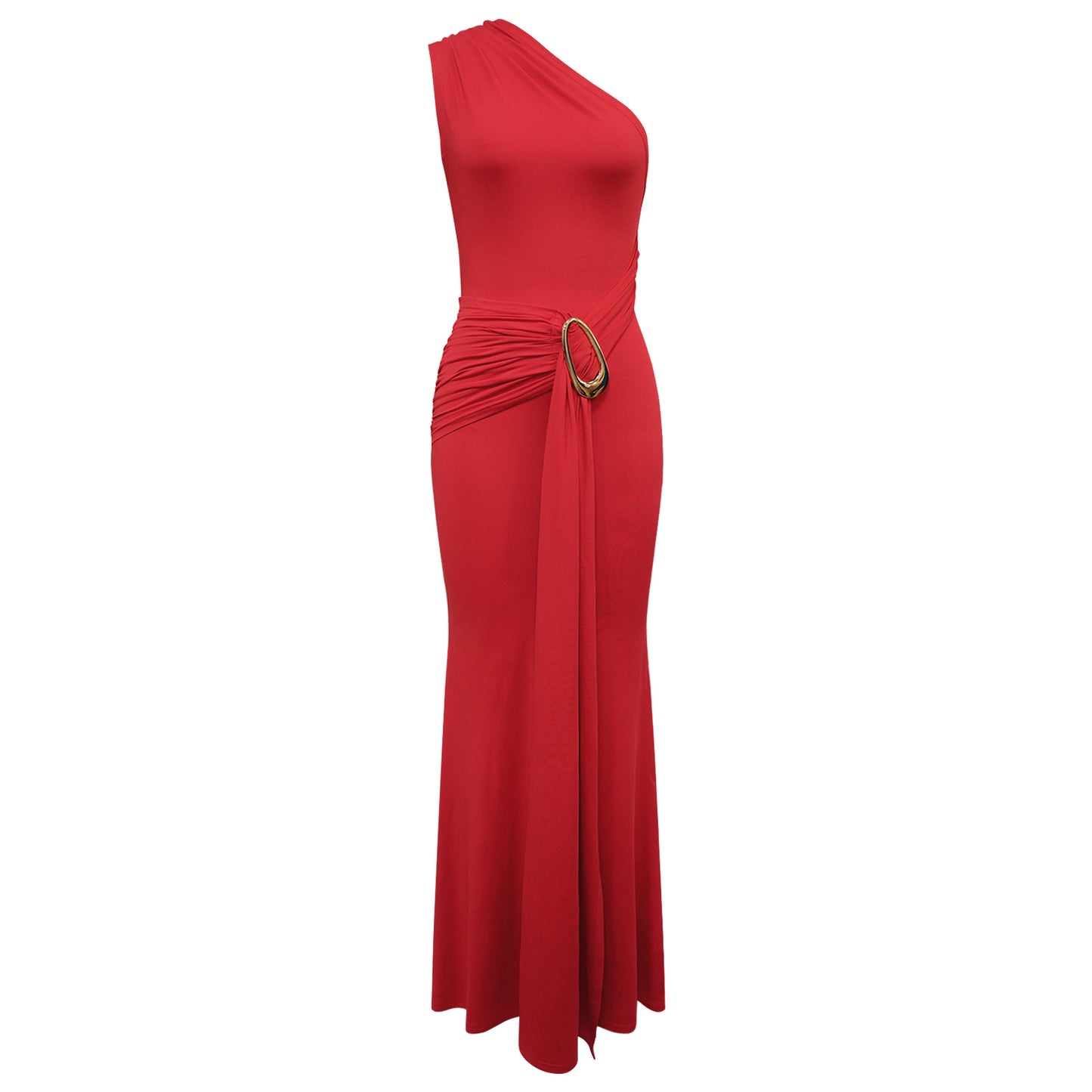 Women Metal Decoration Sexy Backless Dress One Shoulder Slim Dress