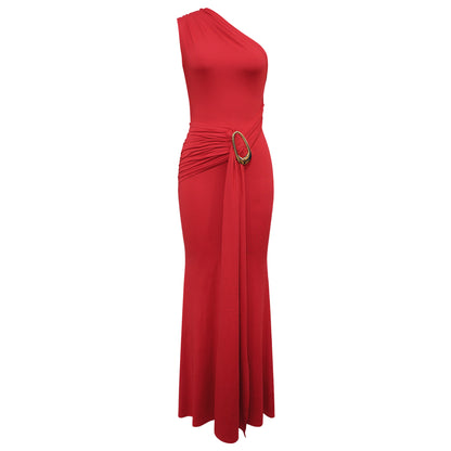 Women Metal Decoration Sexy Backless Dress One Shoulder Slim Dress