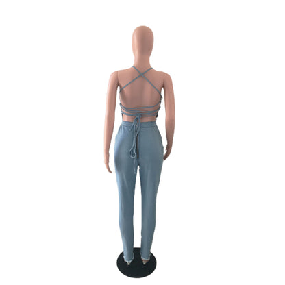Casual Slim Fit Backless Bandage Denim Jumpsuit