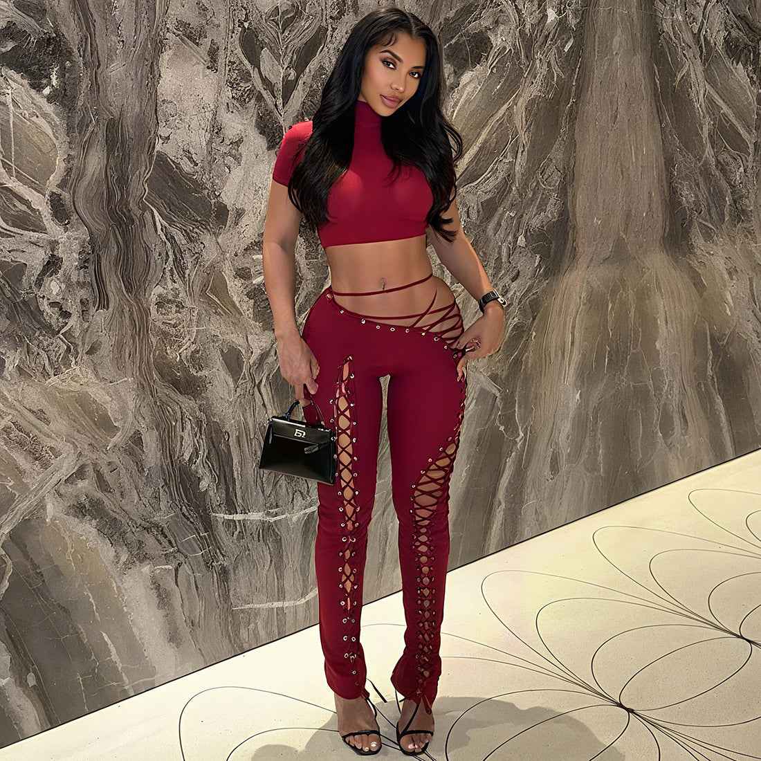 Street Lace up Jumpsuit Two Piece Set