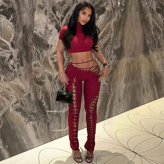 Street Lace up Jumpsuit Two Piece Set
