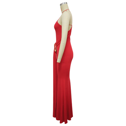 Women Metal Decoration Sexy Backless Dress One Shoulder Slim Dress