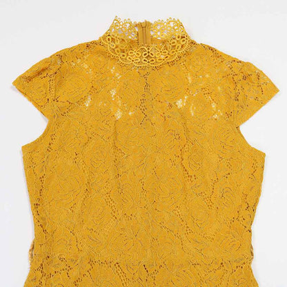 Round Neck Short Sleeve Lace Jumpsuit Wide Leg Pants Women Solid Color Trousers