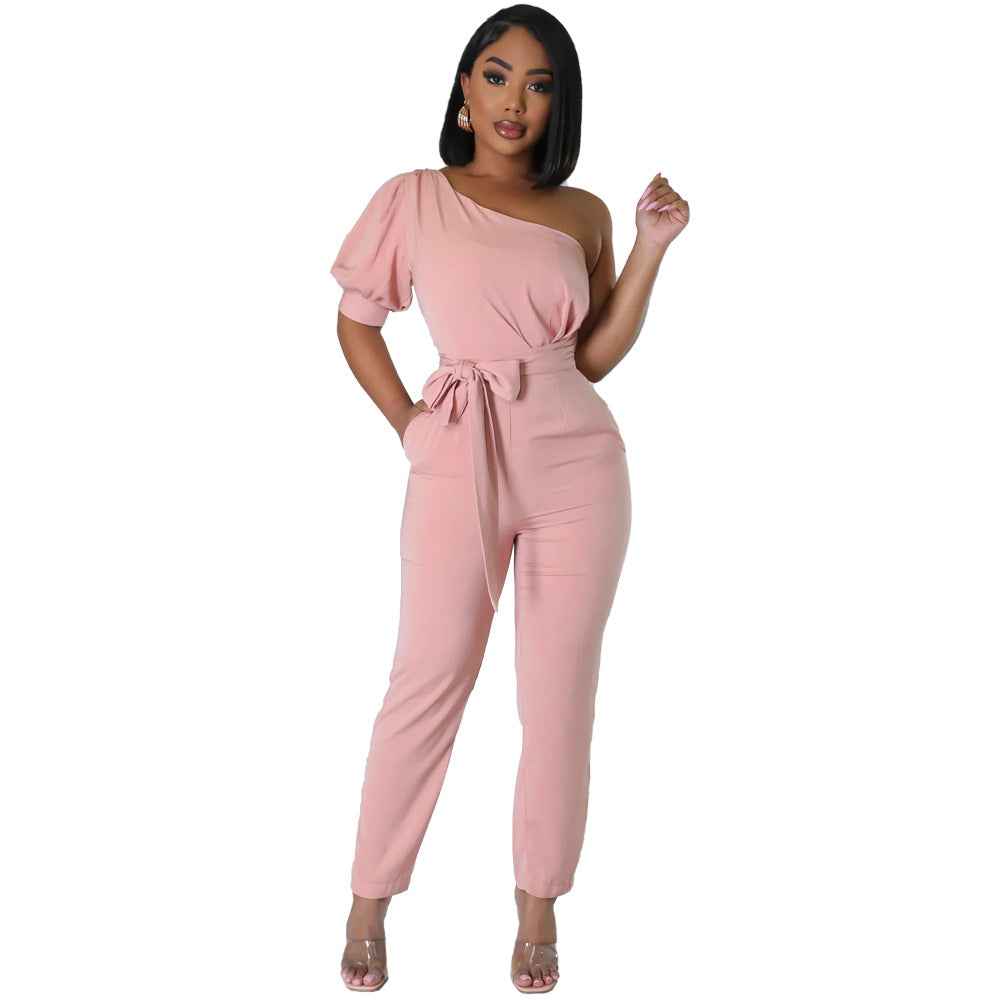 One Shoulder High Waist Backless Slim Tapered Jumpsuit