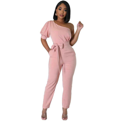 One Shoulder High Waist Backless Slim Tapered Jumpsuit